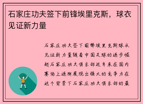 石家庄功夫签下前锋埃里克斯，球衣见证新力量