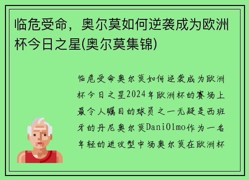临危受命，奥尔莫如何逆袭成为欧洲杯今日之星(奥尔莫集锦)