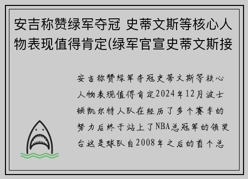 安吉称赞绿军夺冠 史蒂文斯等核心人物表现值得肯定(绿军官宣史蒂文斯接替安吉 出任球队篮球运营总裁)
