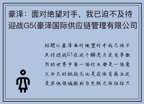 豪泽：面对绝望对手，我已迫不及待迎战G5(豪泽国际供应链管理有限公司)